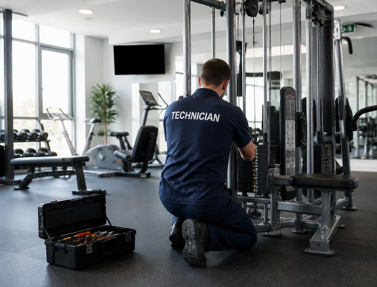 Technician inspecting gym equipment with an open toolbox