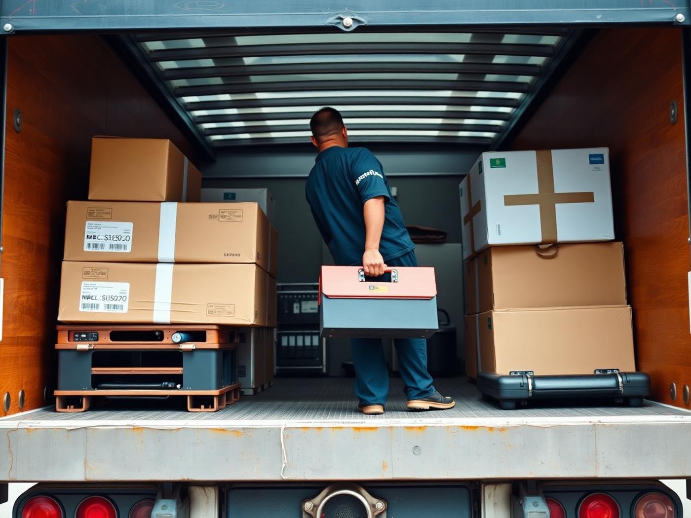Technician with a toolbox beside packed fitness equipment ready for service and delivery